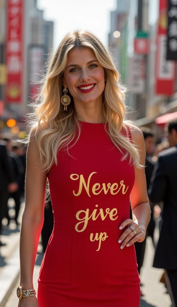 message word , Italic letter  "Never Give Up" written in middle golden  decoration letters at the Bottom the screen  , standing pose,   Front view, cowboy shot, Meraine Laurent,  (long hair, blonde hair, smile, ), right hand on hip,  Chanel design earing, Red 1 peace Chanel design classic dress and Chanel leather red belt with gold buckle., background street  of Osaka , in Japan,  (super detail, high details, high quality, accurate, anatomically correct, textured skin, beautiful fingers super detail, high details, high quality, best quality)