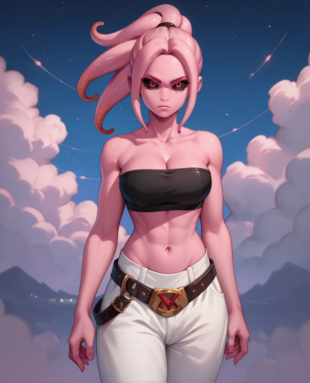 score_9,score_8_up,score_7_up,
femjinxl,pink skin,red eyes,black sclera,tentacle hair,pink ponytail,
white baggypants,belt,black tube top,midriff,cleavage,bare shoulders,m belt,
looking at viewer,
standing,night,cloudy sky,
solo,