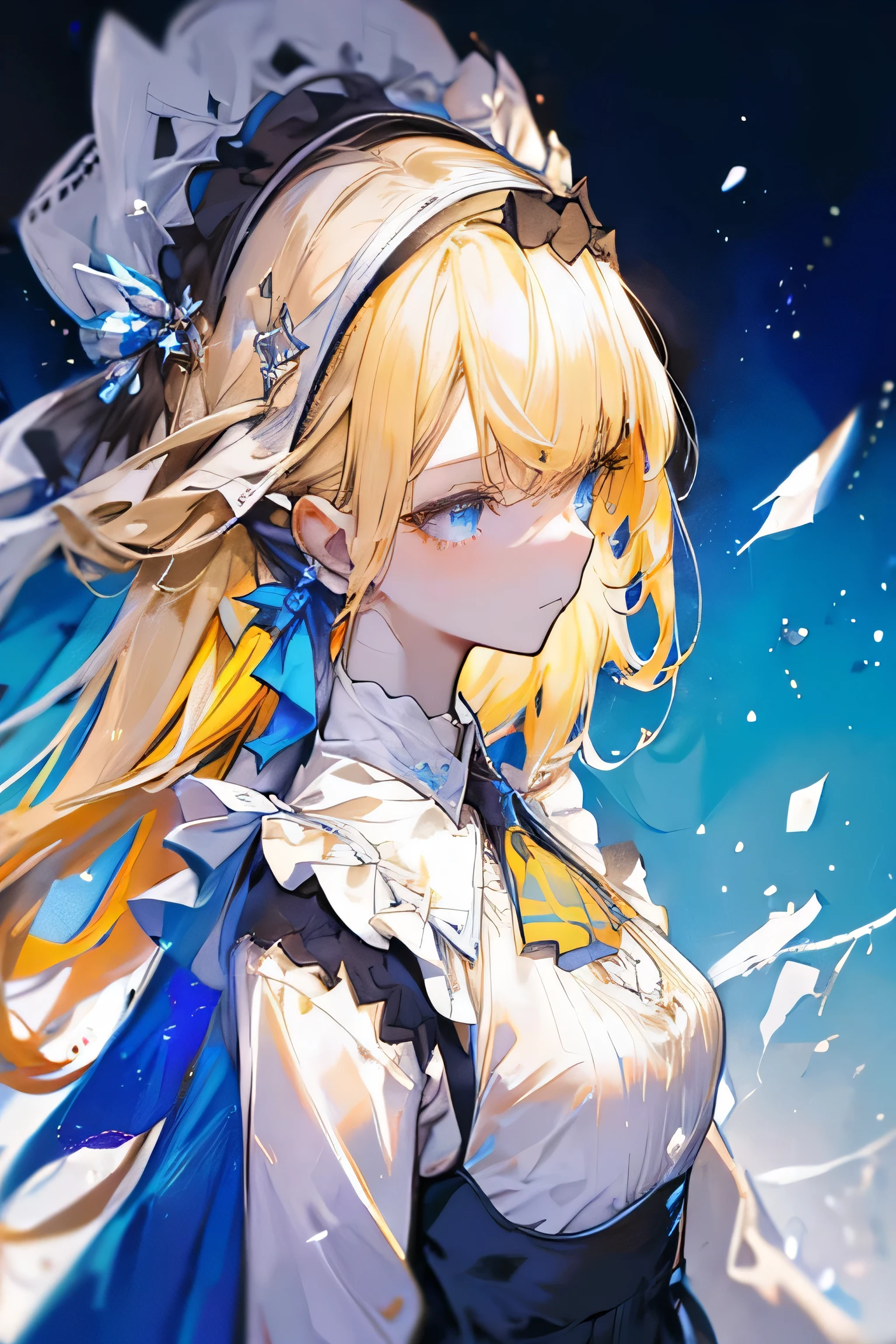 masterpeace, best quality, highres, 1girl, hayasaka ai, solo, blonde hair, maid, blue eyes, side ponytail, hair scrunchie, hair ornament, blue scrunchie, maid headdress, apron, hair between eyes, breasts, long sleeves, bangs, white shirt, black dress, sidelocks, maid apron, black pantyhose, cowboy shot,