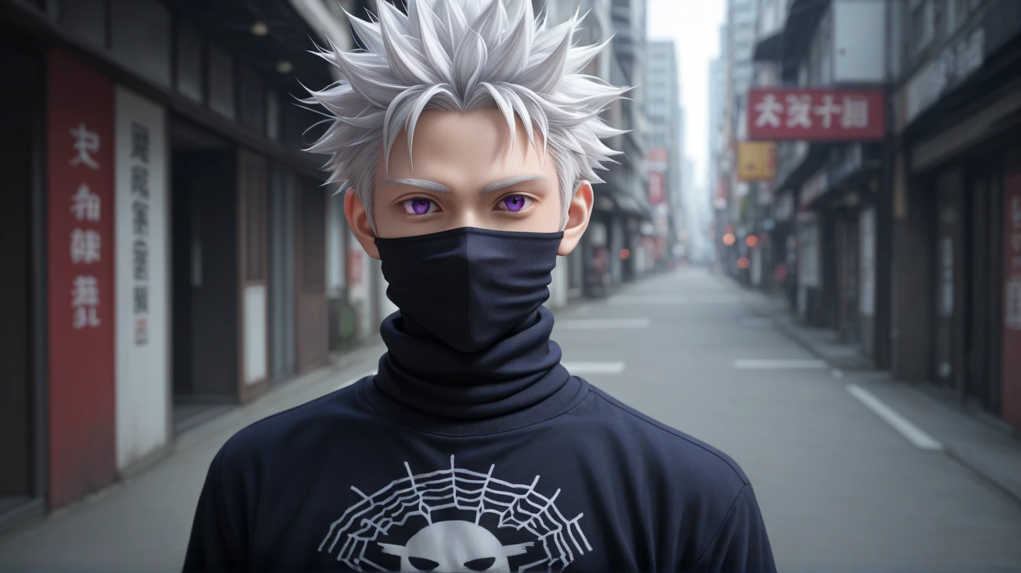 masterpiece, best quality, , , , looking at viewer, depth of field, 1boy, solo, male focus, toge_inumaki, white hair, purple eyes, spiked hair, covered mouth, parted bangs, turtleneck, high collar, gakuran, , Denim bermuda shorts, Terry cloth Digital print Turtleneck sweater, 