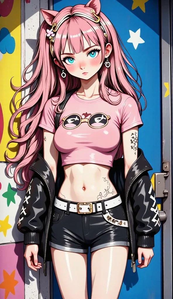   anime girl with pink hair and a pink shirt with drawings of two twin pigtails,   Not suitable for work  , big, light eyes, hair in the wind,   long white boots  , long belt ornaments  ,   cheerful and colorful background  ,   and black shorts  , anime   full body illustration  , Chiaki Mi from Danganronpa,   Official Character Art  ,   vtuber full body anime model  , candy girl,   candypunk character design  ,   full body individual character  , Yayoi Kasuma,  Anime Character,   full body illustration  , Danganronpa digital art