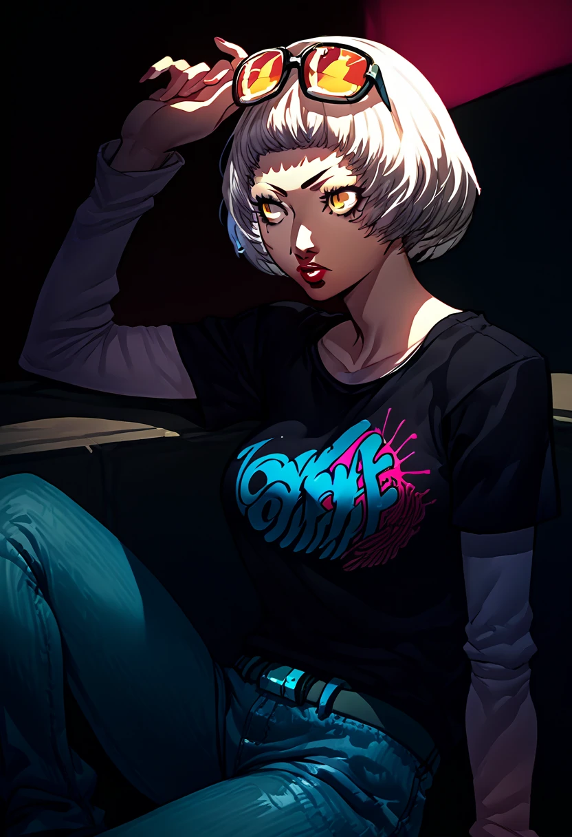 1 girl, sunglasses on head, lipstick, black t-shirt, clothes writing, layered sleeves, large breasts, jeans, Elizabeth, white hair, yellow eyes,