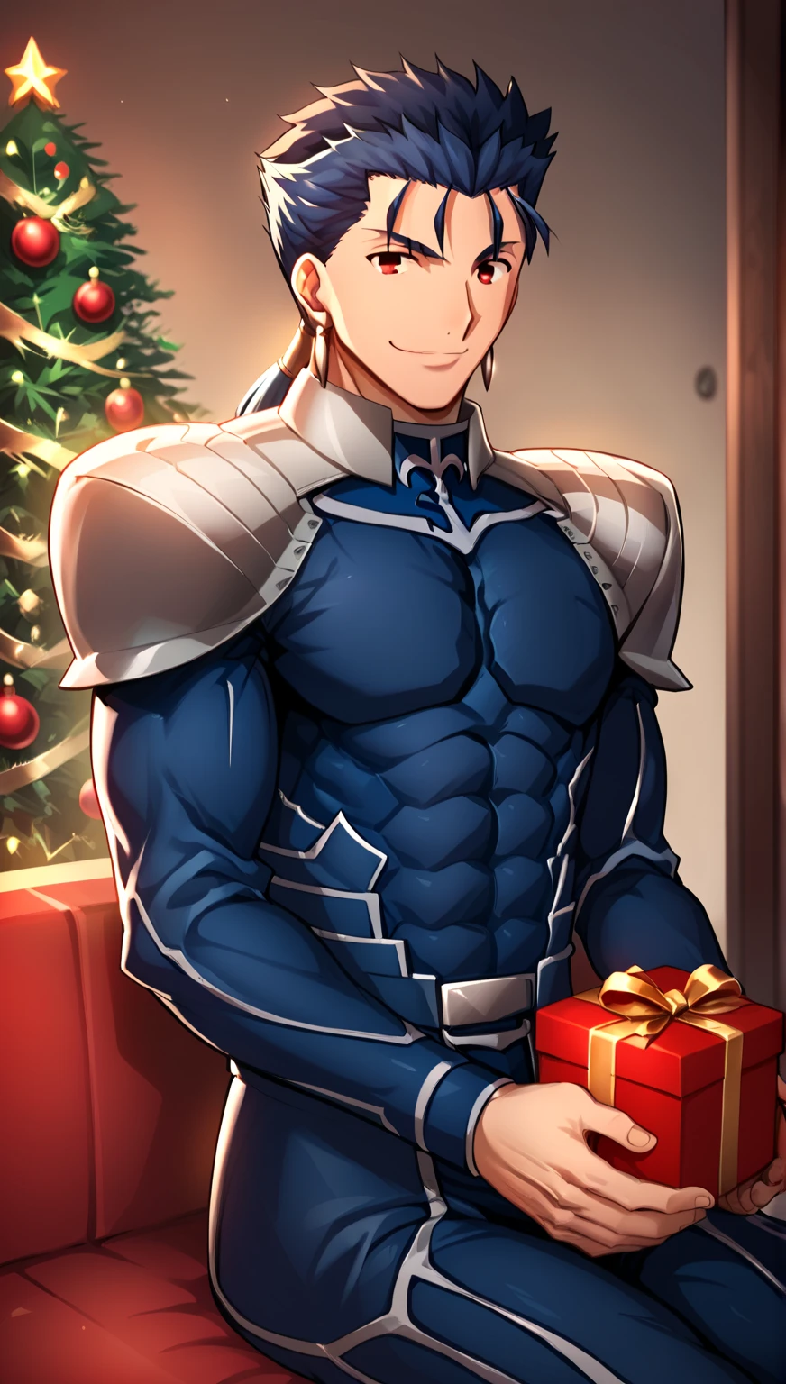 score_7_up,score_6_up,score_5_up,score_4_up,source_anime,lancer_fsn, blue-haired man, red eyes, with a ponytail at the nape of his neck, with a good, slightly muscular body fate/stay night, earrings and armor with a very cheerful flirtatious smile sitting holding a Christmas present.