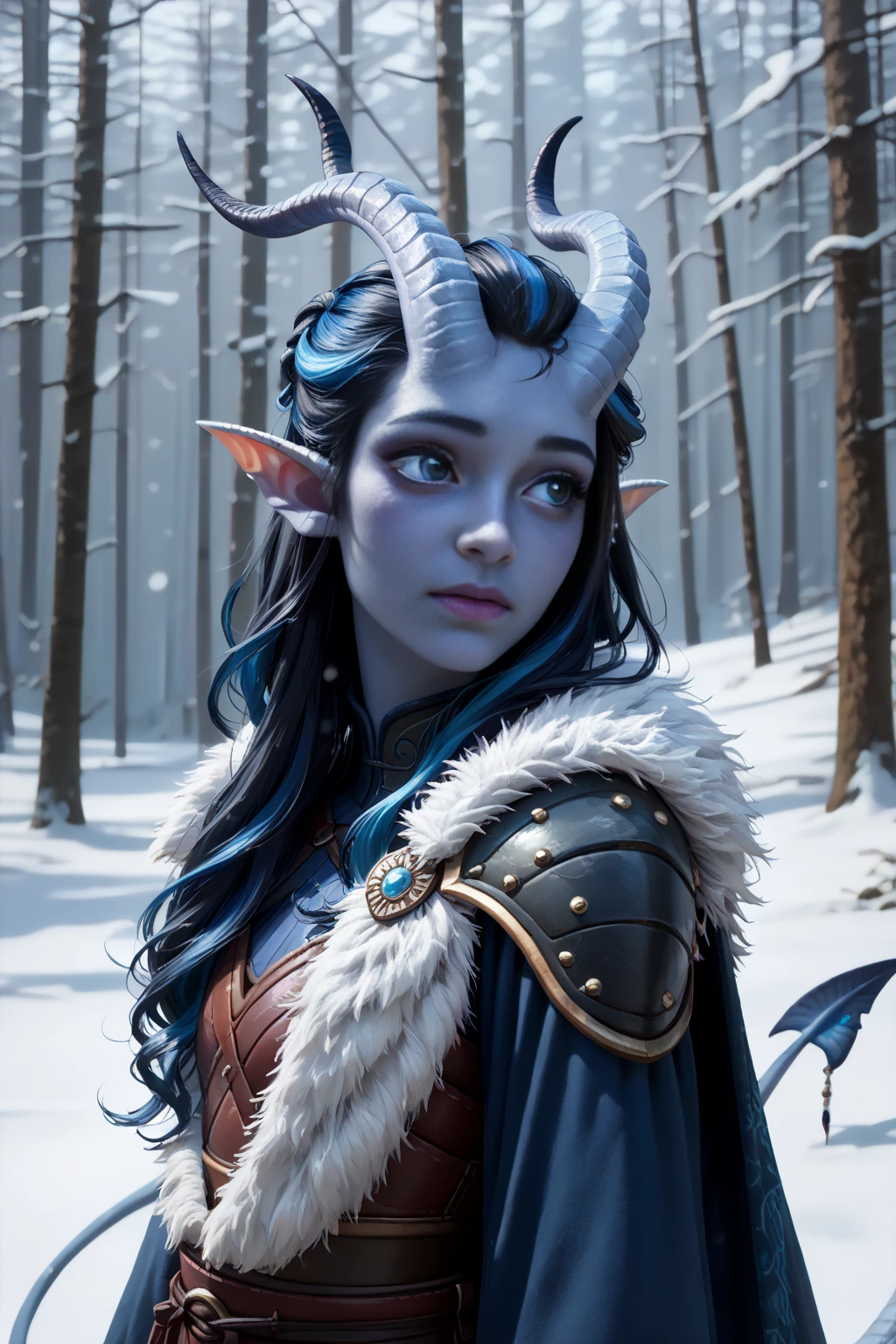 ( Snowy sprawling cedar ,  the winter cedar forest against the background of ), (1Тiefling ,  dark blue-gray skin :1.5), ( very thick long tiefling dragon tail :1.5), ( long black flowing hair with dark blue highlights:1.4), ( the bright blue-black pigmentation on the face :1.5), (blue-black freckles :1.2) , ( 2little fins on their heads :1.4), (bright blue-grey pupils,  Black eyes :1.4), ( blue-black pigmentation on the skin :1.5), ( dark grey straight short horns ), ( blue and black pigmentation on the tail :1.5),  girl  , (kind face), (на лице эмоции от нестерпимого coldа), (in pain ), (coldно:1.2), [curiosity ], (35 years old:1.5), (adult:1.2), (Deep look:1.3), (запорошена в  snow у:1.2) , (покрыта  snow ом), (ежится от coldа:1.3) , ( frost on eyelashes :1.2), ( fur collar armor), (белый  snow  на голове:1.2), ( fur armor ), ( snow  на рогах и на голове:1.2), (chainmail), (you can see pigmentation on his shoulder ), (tail protection), ( hands pressed to her body :1.2), (трясётся от coldа:1.1), [ snowy winter ], (visible in full), ( stands in the middle of the deep winter forest :1.3), (очень coldно), (blizzard,  snow , cold) , ( is standing with your back:1.2), (looking over shoulder:1.6), ( top quality), ( masterpiece fails), ( highest detail ),  fantasy background, blue tones, Dark tones, dark shades,  muted colors, [winter light ].