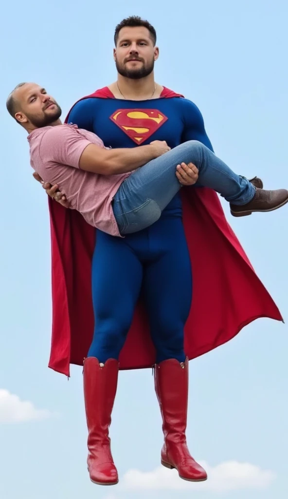 Superman is flying.Superman face.Holding Lex is bald man in your arms Superman and his Lex , bald, white man wearing an unbuttoned pink denim shirt and blue jeans. Superman Holding Lex Flying on the sky.a buff man in a superman costume (think movie version of Superman-black undercut, blue tights and red cape and red boots and red briefs) Looking at the camera from the front .Niock Bosa face
