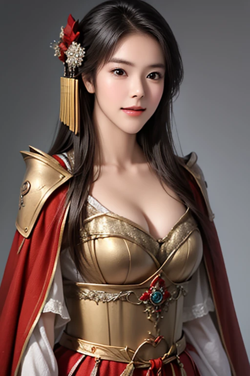 ((The upper body of a female warrior wearing gold and red armor and a cloak:1.4)),1 person,  black hair,  belly shortcut   ,Big breasts and cleavage,  high-definition face and skin texture  ,  staring at the camera,   Chinese Warrior:1.2,  perfect beauty: 1.4, fine grain,  double eyelids in a judo suit ,  whitening for women with bristles, top quality ,  super high res ,  simple background，Symmetrical Normal Eyes   , hair accessories, Slim Waist ,