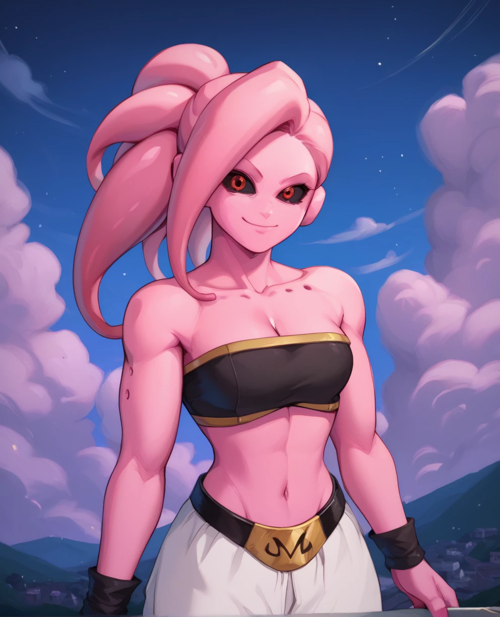 score_9,score_8_up,score_7_up,
femjinxl,pink skin,red eyes,black sclera,tentacle hair,pink ponytail,
white baggypants,belt,black tube top,midriff,cleavage,bare shoulders,m belt,
looking at viewer,
standing,night,cloudy sky,
solo, anime, smiling