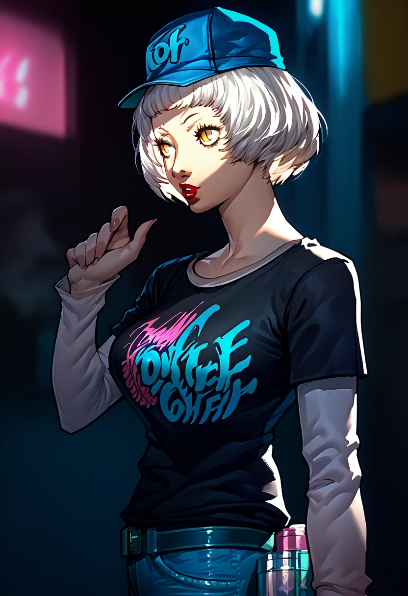 1 girl, Blue hat, lipstick, black t-shirt, clothes writing, layered sleeves, large breasts, jeans, Elizabeth, white hair, yellow eyes,