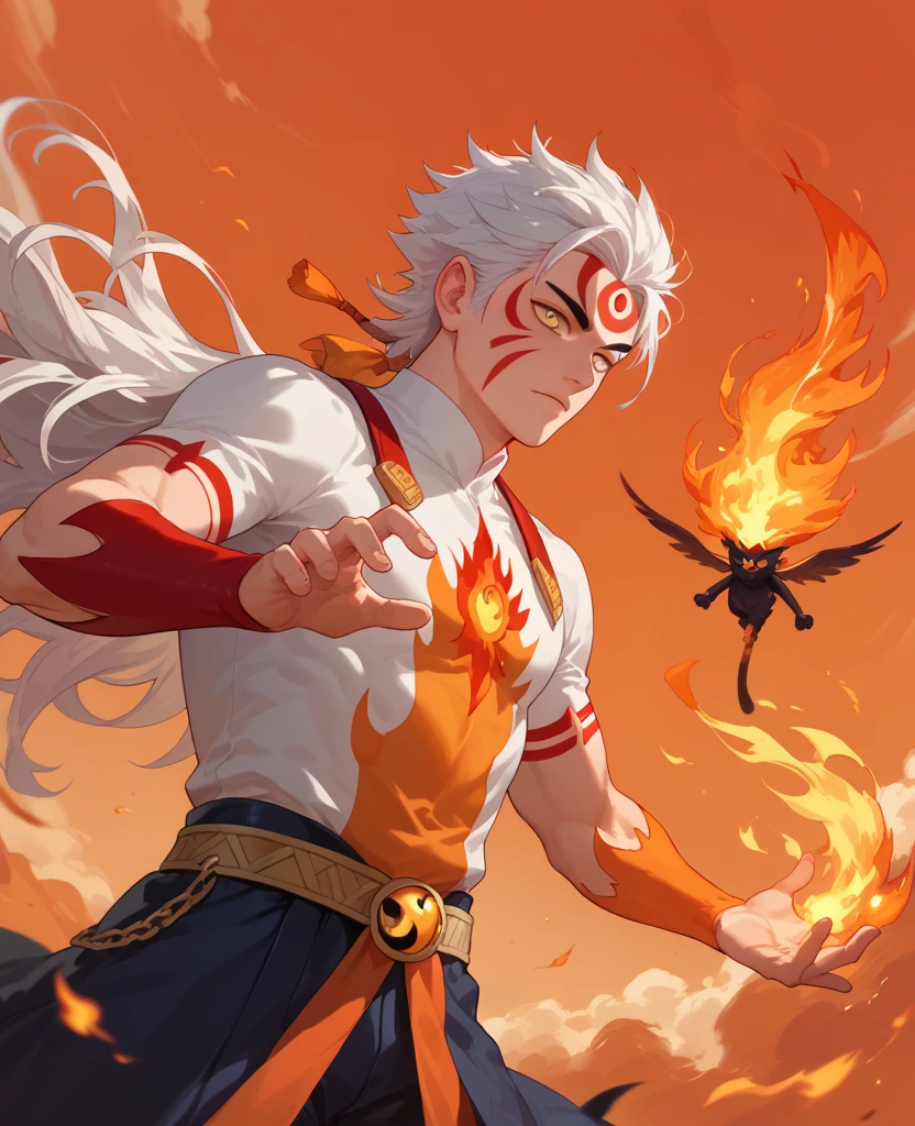 man, fire hair, white skin, red face paint, jentry chau, anime style, fire powers, yellow eyes, white hair, cat-like third eye on forehead, fire in hands, voluminous hair, flying in sky, twilight orange sky