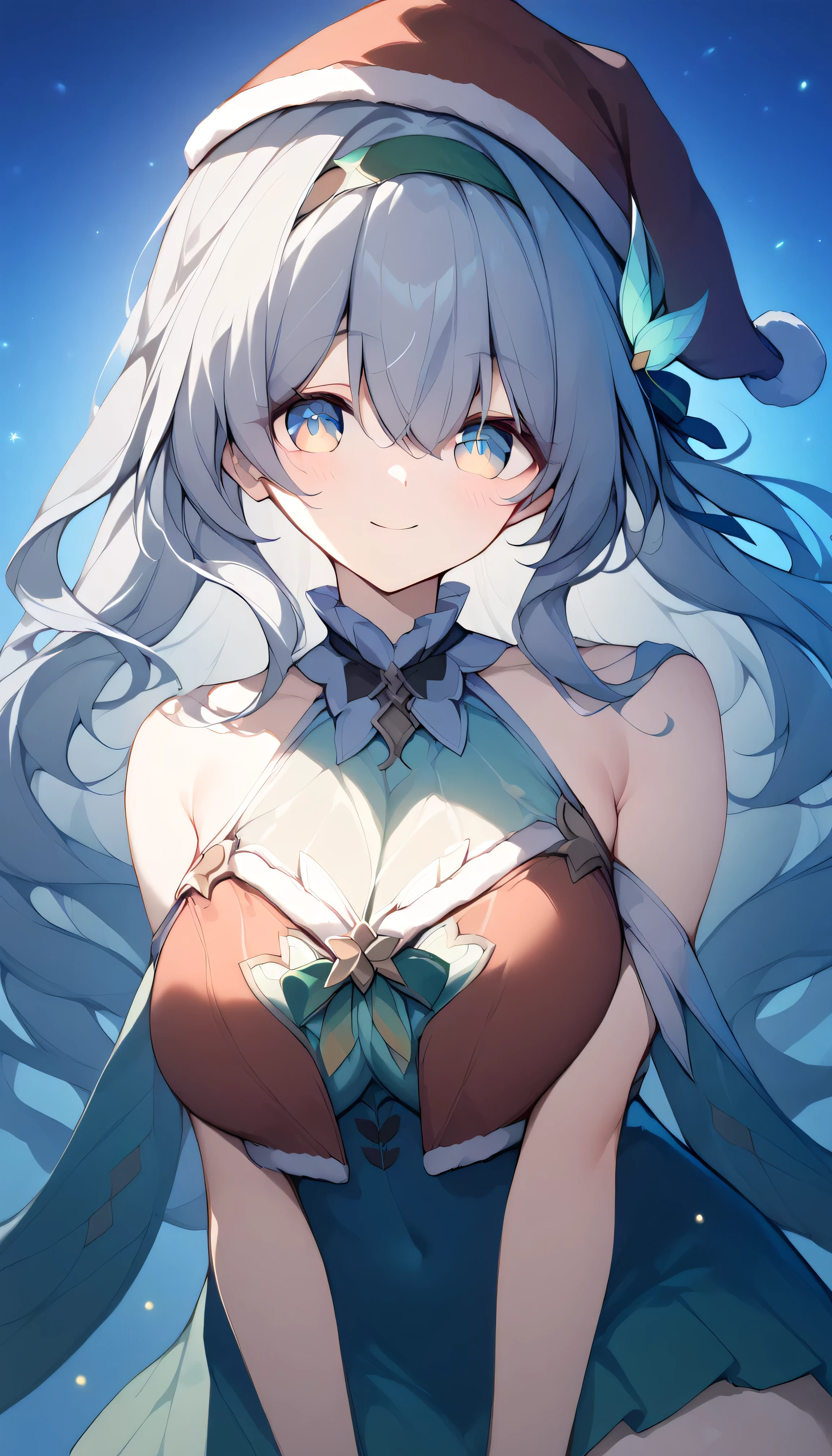 Firefly,   Big Breasts 　 long hair　silver hair　 Green Gradation　 headband　 hair ornament　Alone,  can see her eyebrows through her hair,  hair between eyes,  viewers, masterpiece,  top quality , very aesthetic,  Santa Costume　 Santa hat 　 sleeveless　 night view　 Christmas　smile