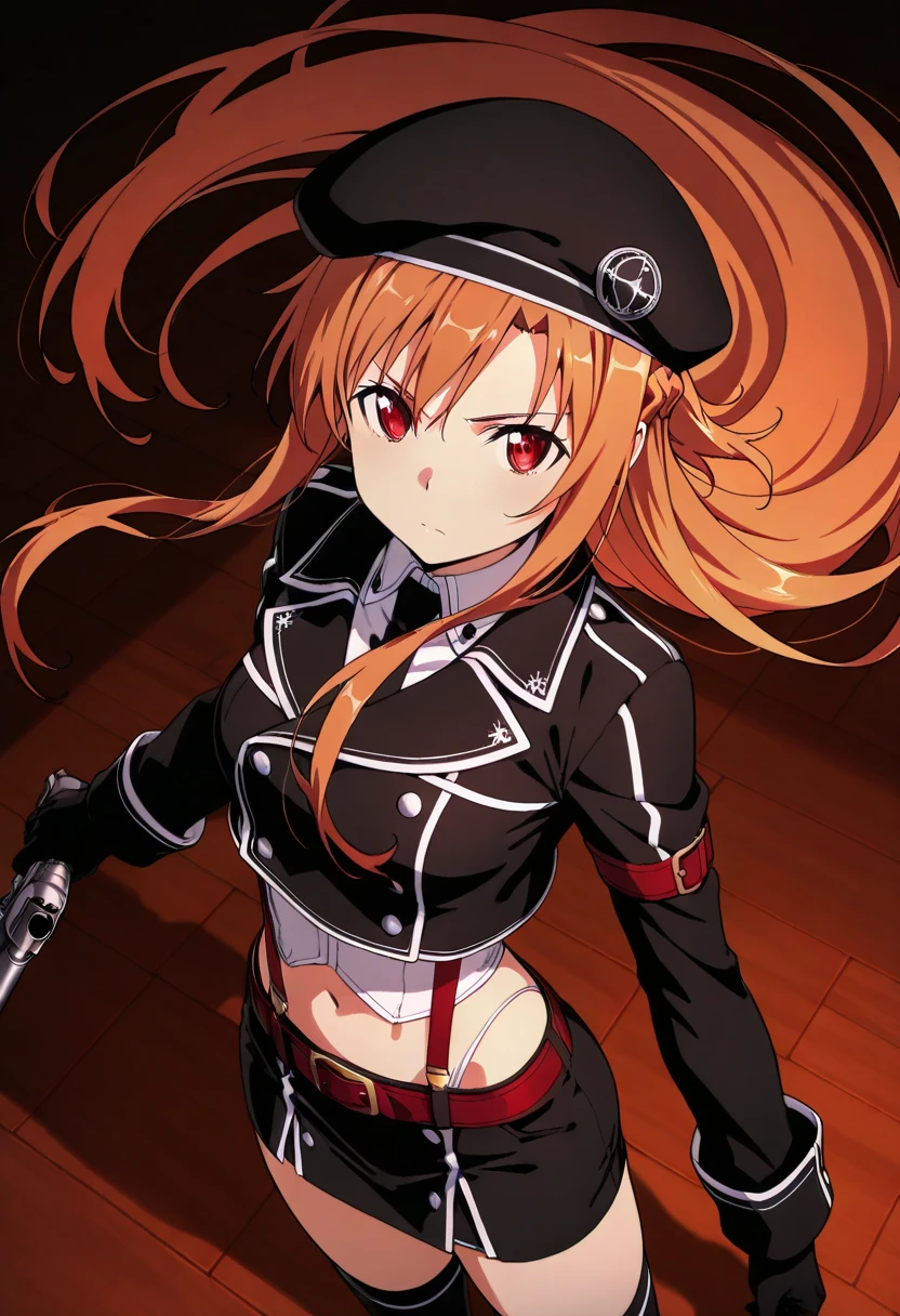 A highly detailed and high resolution image of "Yuuki Asuna" [from Sword Art Online]; A brown haired pretty young girl with long hair; cute, dressed in a goth steampunk outfit with a black coat, black low-cut cropped top, a belt, black miniskirt, white panties, white suspenders, black gloves, black beret; she has a serious look on her face and she is holding a realistic six-shooter revolver with an accurate and realistic grip; she is standing in a steampunk factory with wheels, levers, cogs and steam; BREAK: quality\(8k,wallpaper of extremely detailed CG unit, high resolution, top-quality, top-quality real texture skin, hyper realistic, increase the resolution, RAW photos, best quality, highly detailed, the wallpaper, golden ratio, high saturation realism, vibrant colors, dramatic lighting, persuasive storytelling, atmospheric scenery, captivating visuals, intricate details, strong emotions, dreamlike world\),(dynamic angle:1.4); view from above, she is looking up at viewer.