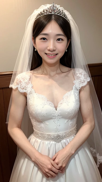 Young girl in wedding dress and updo, Off-shoulder neckline, and a long veil. her face is young and innocent, small breasts. She looks at the camera with a playful expression. Detailed artwork with vivid illustrations, Realistic colors, Capture every detail. The medium of digital painting, Guaranteed best quality and high resolution (4K or 8K). soft and romantic lighting, creating a dream-like atmosphere. The overall color is warm and gentle................, Highlight the joy and beauty of your wedding scene.frontage、full body Esbian、A smile