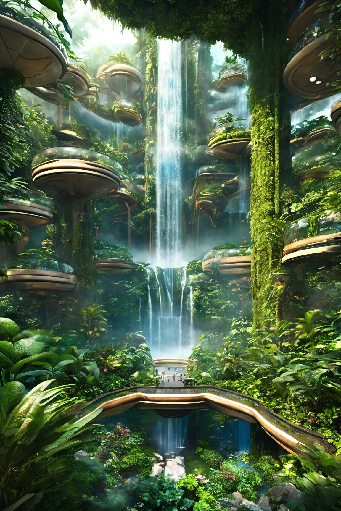 there is a large water fall in the middle on a garden, a digital rendering , shutterstock, Environment Art, Singapore, cloud forest,  super detailed , set on Singaporean aesthetic, Central hub , ground, ,Stunningly Detailed,  lush garden spaceship , huge indoor garden with ceiling , spaceship indoor park ,An enclosed park