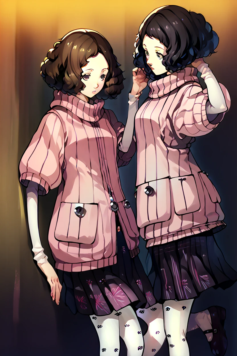 Sadayo Kawakami, black hair, black eyes, pink ribbed sweater, turtleneck sweater, short over long sleeves, plaid skirt, pleated skirt, print pantyhose, mary janes, standing up straight