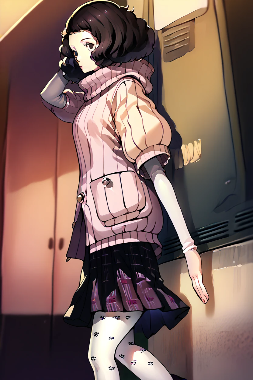 Sadayo Kawakami, black hair, black eyes, pink ribbed sweater, turtleneck sweater, short over long sleeves, plaid skirt, pleated skirt, print pantyhose, mary janes, standing up straight