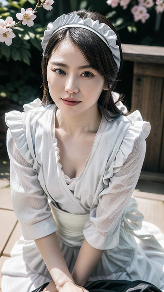 (She sits comfortably on Cassina's super luxurious couch:1.2)、( super wide angle lens that gives off a sense of destruction :1.3)、 one adult female、(huge breast, thin waist, wide hip, thick thighs)、(whole body)、break (fusion of black housekeeper costume and black kimono with cherry blossom petal embroidery:1.3), (long kimono sleeve:1.3),
break (white theme:1.2), (wearing a white half-apron over a kimono:1.3), ((white brim, maid headband) with ruffles:1.3), 
break (Japanese clogs geta:1.2)