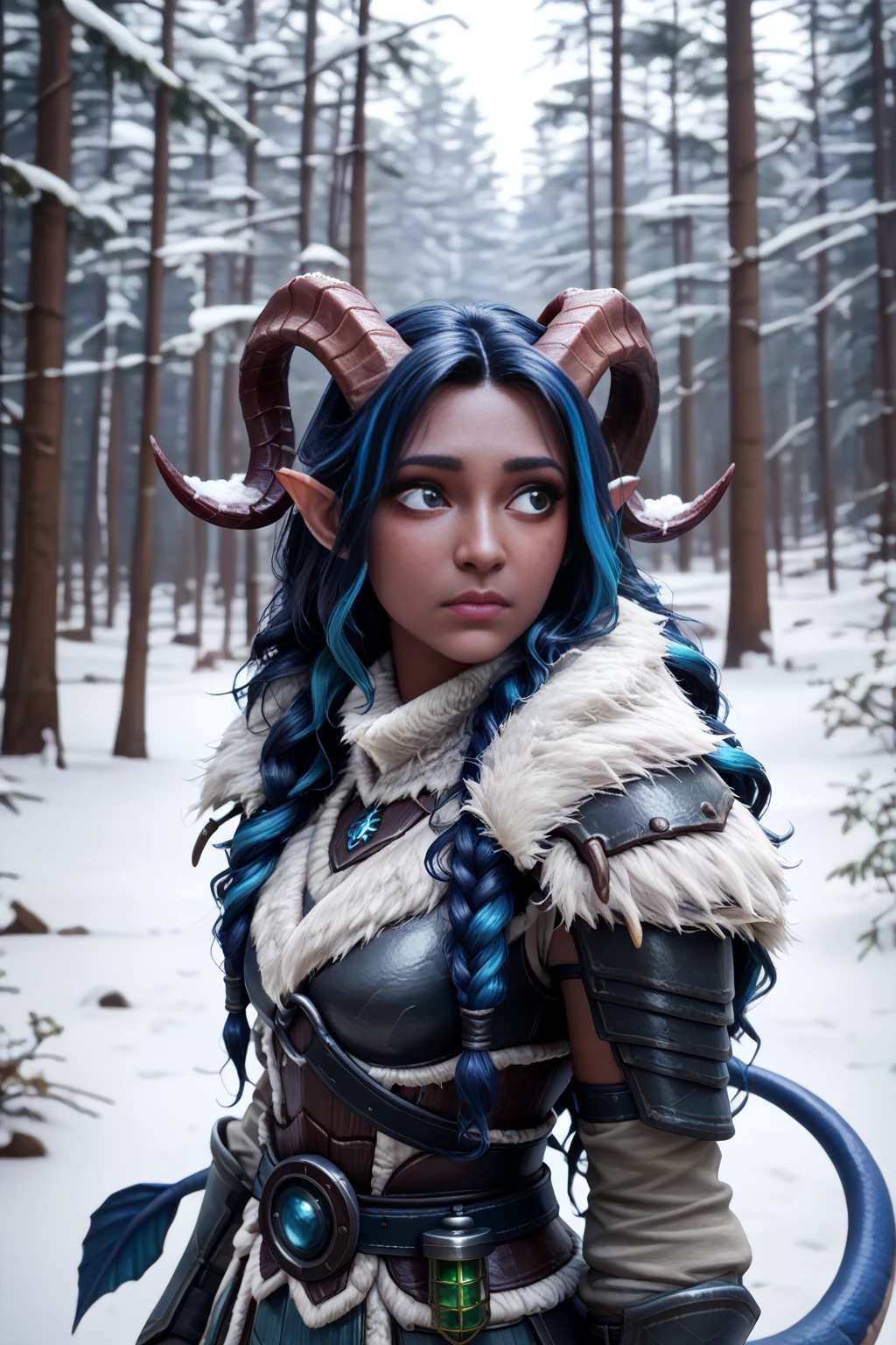 ( Snowy sprawling cedar ,  the winter cedar forest against the background of ), (1Тiefling ,  dark blue-gray skin :1.5), ( very thick long tiefling dragon tail :1.5), ( long black flowing hair with dark blue highlights:1.4), ( the bright blue-black pigmentation on the face :1.5), (blue-black freckles :1.2) , ( 2little fins on their heads :1.4), (bright blue-grey pupils,  Black eyes :1.4), ( blue-black pigmentation on the skin :1.5), ( dark grey straight short horns ), ( blue and black pigmentation on the tail :1.5),  girl  , (kind face), (на лице эмоции от нестерпимого coldа), (in pain ), (coldно:1.2), [curiosity ], (35 years old:1.5), (adult:1.2), (Deep look:1.3), (запорошена в  snow у:1.2) , (в  snow у:1.4), (покрыта  snow ом:1.6), (ежится от coldа:1.3) , ( frost on eyelashes :1.2), ( fur collar armor), (белый  snow  на голове:1.2), ( fur armor ), ( snow  на рогах и на голове:1.2), (chainmail), (you can see pigmentation on his shoulder ), (tail protection), ( hands pressed to her body :1.2), (трясётся от coldа:1.1), [ snowy winter ], (visible in full), ( stands in the middle of the deep winter forest :1.3), (очень coldно), (blizzard,  snow , cold) , ( is standing with your back:1.2), (looking over shoulder:1.6), ( top quality), ( masterpiece fails), ( highest detail ),  fantasy background, blue tones, Dark tones, dark shades,  muted colors, [winter light ].