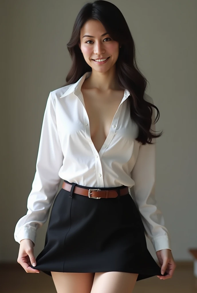 Aunt,45 years old,Japanese,woman,Full Body Shot,(Glamour:1.2),Light brown hair,Fascinating smile,Surrealism,clair obscur,Hmph,retina,Anatomically correct,Textured skin,Textured skin,Super detailed,Super detailed,high quality,Attention to detail,最high quality,(((Tabletop, 最high quality, High resolution, Attention to detail)))), Professional, High level of detail, Japanese,Full body photo (Attractive 55 year old woman:1.3),(Fascinating:1.1), (Large Breasts)1.2 (Pokies)1.3,See-through shirt、(black leather mini skirt)、((Leather mini skirt))、((gray plain background))