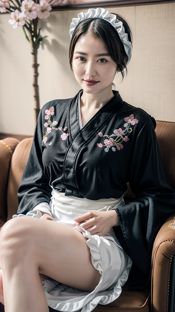 (She sits comfortably on Cassina's super luxurious couch:1.2)、( fisheye lens:1.3)、 one adult female、(huge breast, thin waist, wide hip, thick thighs)、(whole body)、break (fusion of black housekeeper costume and black kimono with cherry blossom petal embroidery:1.3), (long kimono sleeve:1.3),
break (white theme:1.2), (wearing a white half-apron over a kimono:1.3), ((white brim, maid headband) with ruffles:1.3), 
break (Japanese clogs geta:1.2)