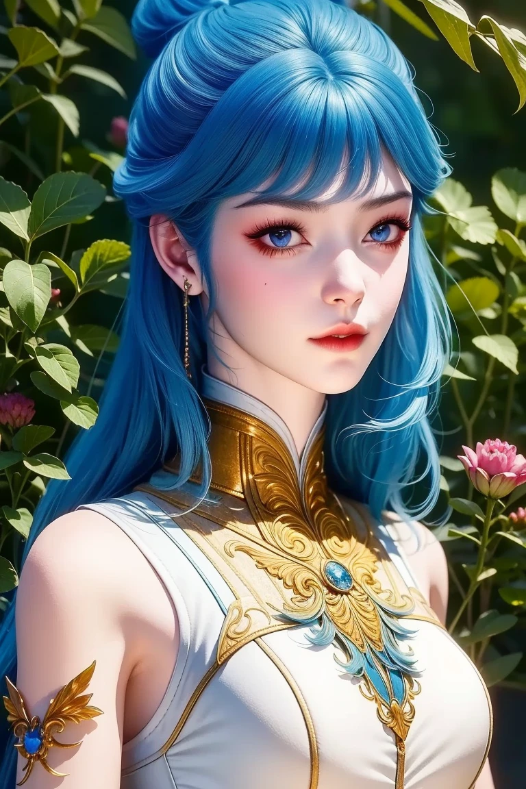 (masterpiece),(best quality:1.5),8k,absurdres,highres, Glowing skin:1.3, shiny skin, oil skin, 
luxueqi,
1girl,solo,jewelry,hair ornament,crystal earrings,earrings,long hair,(blue hair:1.5),forehead mark,crystal,crystal hair ornament,alpha transparency,see-through,hair bun,dress, white dress,facial mark,simple background,realistic,expressionless,single hair bun,closed mouth, (upper body), outdoor, garden, fingers_to_mouth,(looking at viwer:1.5), garden,