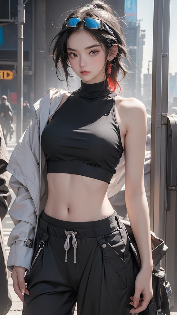 ,Masterpiece, Rich in details, rich light and shadow,(Realistic : 1.4), Raw foto,,Jennie wears a torn black sweater,erogenous,bandage,Layering,Hollow,full body photograph,wildness,Khaki washed old torn shorts,black color hair,ginormous breasts,open shoulder,Layering,Long legs,,Wasteland punk style,The background is the wasteland,A desert,The details of the wind and dust are complex,,high-definition,photography lighting,16k