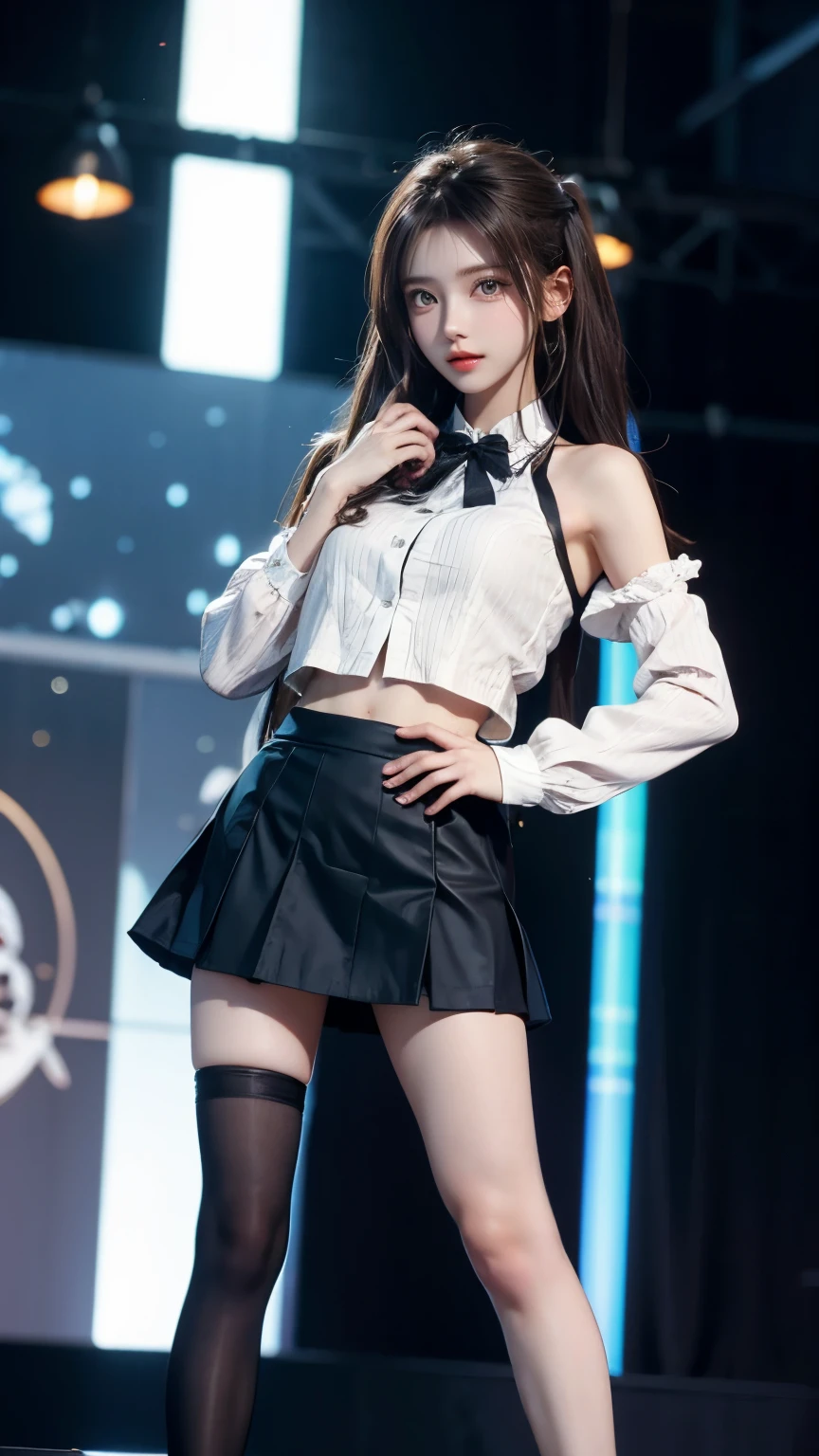 Realistic, high resolution, 1 girl, black wavy hair, small moles under the eyes, white shirt, black pleated skirt, visible chest line, long legs, tight abs, dynamic pose, catwalk Deep V bustline Black pleated skirt Jacket reveals white bra Reveals belly button eyes High ponytail