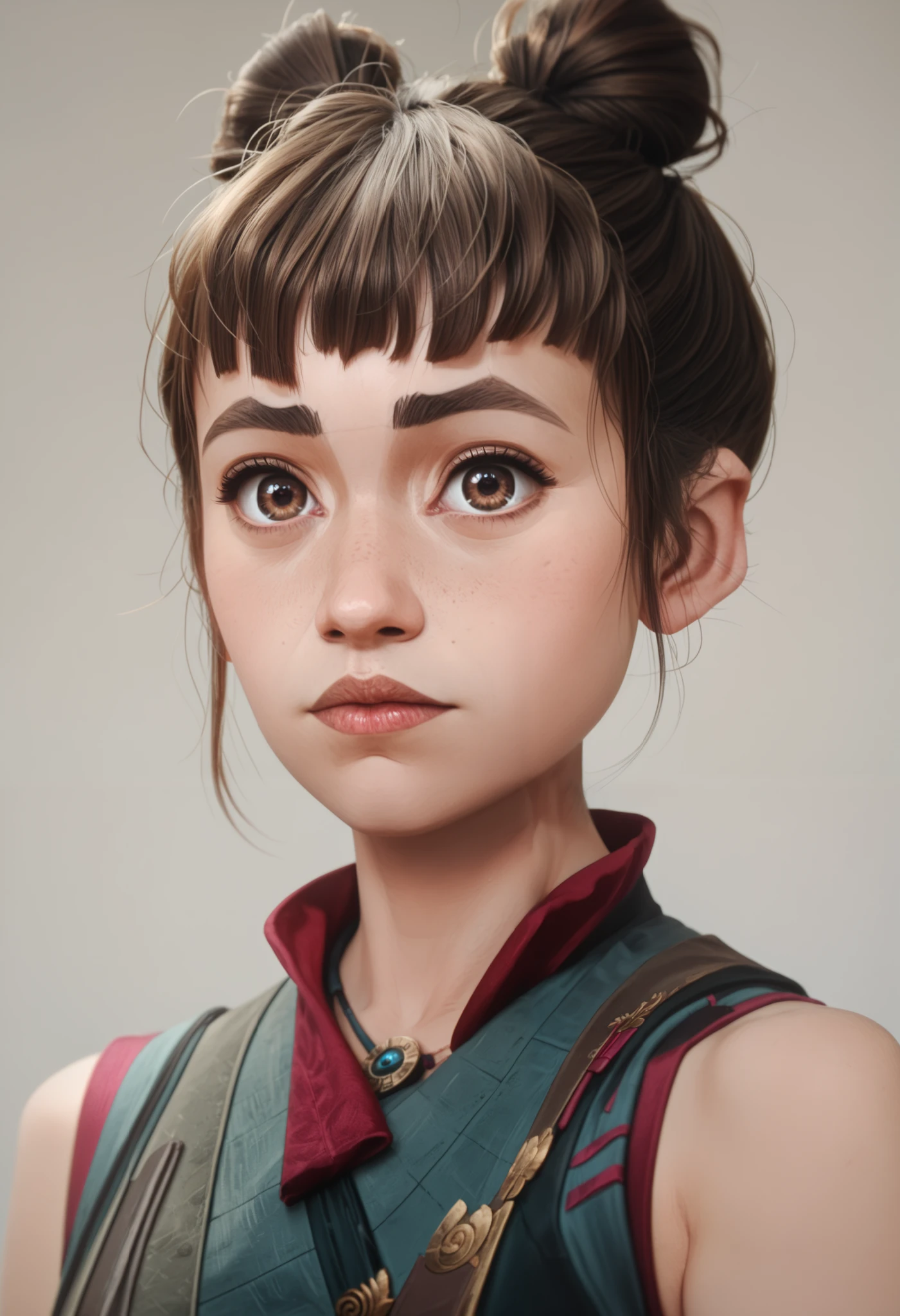 PowderAltOutfit1, beautiful face, detailed face, big eyes, bangs, brown hair, brown eyes, freckles, bare shoulders, hair buns, short hair,