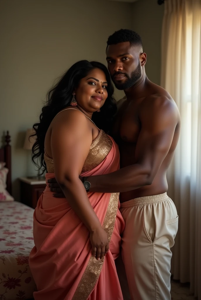 hot curvy white milf with long single plaited hairstyle, big breast, big hip, very big ass, thick thighs, perfect body, woman wearing saree, looking at camera, tall man and short woman, in white room, man with short side fade hairstyle, muscular body, beard, looking at camera, looking at camera