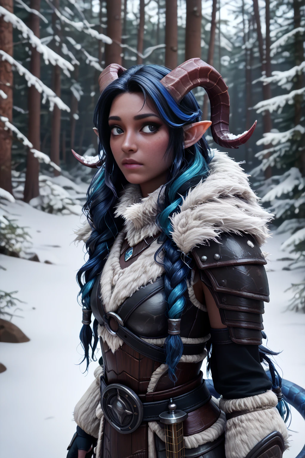 ( Snowy sprawling cedar ,  the winter cedar forest against the background of ), (1Тiefling ,  dark blue-gray skin :1.5), ( very thick long tiefling dragon tail :1.5), ( long black flowing hair with dark blue highlights:1.4), ( the bright blue-black pigmentation on the face :1.5), (blue-black freckles :1.2) , ( 2little fins on their heads :1.4), (bright blue-grey pupils,  Black eyes :1.4), ( blue-black pigmentation on the skin :1.5), ( dark grey straight short horns ), ( blue and black pigmentation on the tail :1.5),  girl  , (kind face), ( disgruntled look :1.4), (на лице эмоции от нестерпимого coldа), (in pain :1.3), (coldно:1.2), [curiosity ], (35 years old:1.5), (adult:1.2), (Deep look:1.3), (запорошена в  snow у:1.2) , (в  snow у:1.2), (покрыта  snow ом сверху:1.2), (одежда в  snow у:1.1), (ежится от coldа:1.2) , ( frost on eyelashes :1.2), ( fur collar armor), (белый  snow  на голове:1.2), ( fur armor ), ( snow  на рогах и на голове:1.2), (chainmail), (you can see pigmentation on his shoulder ), (tail protection), ( hands pressed to her body :1.2), (трясётся от coldа:1.1), [ snowy winter ], (visible in full), ( stands in the middle of the deep winter forest :1.3), (очень coldно), (blizzard,  snow , cold) , ( is standing with your back:1.2), (looking over shoulder:1.6), ( top quality), ( masterpiece fails), ( highest detail ),  fantasy background, blue tones, Dark tones, dark shades,  muted colors, [winter light ].