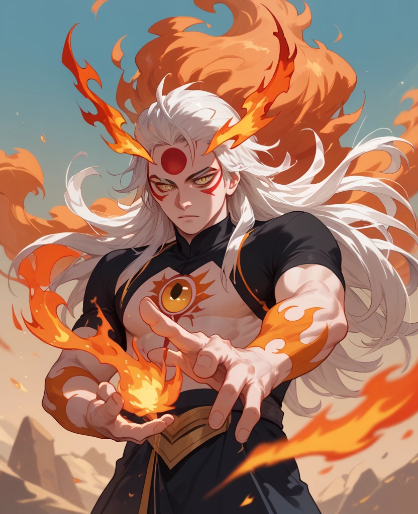 man, fire hair, white skin, red face paint, jentry chau, anime style, fire powers, yellow eyes, white hair, third cat eye on forehead, fire in hands, voluminous hair, orange twilight sky