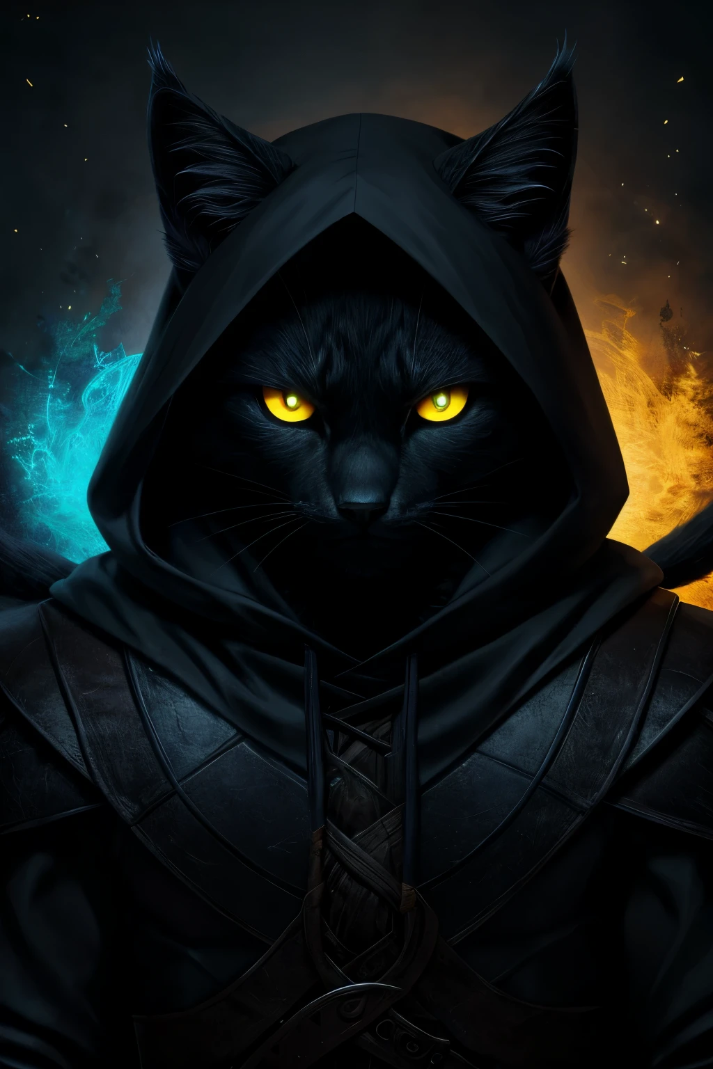 a black cat humanoid with yellow eyes wearing a hood, yellow glowing eyes, anthropomorphic cat ninja, beautiful yellow glowing eyes, beautiful blue glowing eyes, yellow shiny eyes, tabaxi, cat warrior, baste, the dark god of cats, dark fox mage, very glowing eyes, glowing eyes
