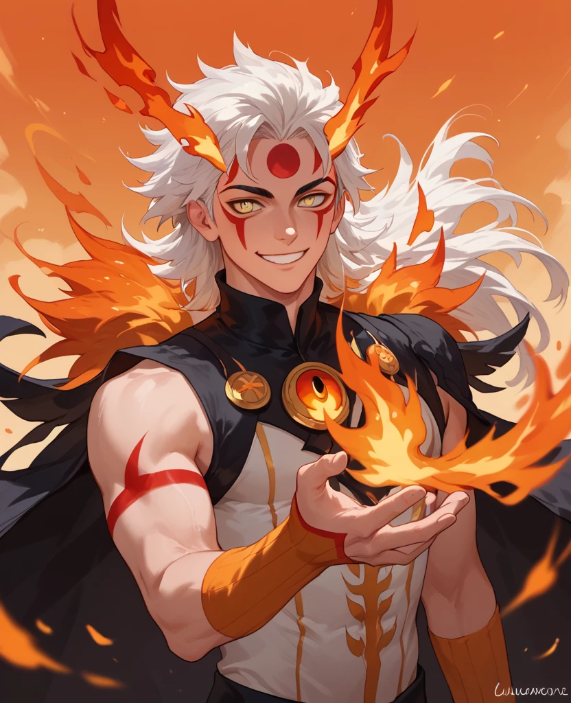 man, fire hair, white skin, red face paint, jentry chau, anime style, fire powers, yellow eyes, white hair, third cat eye on forehead, fire in hands, voluminous hair, orange twilight sky, smile