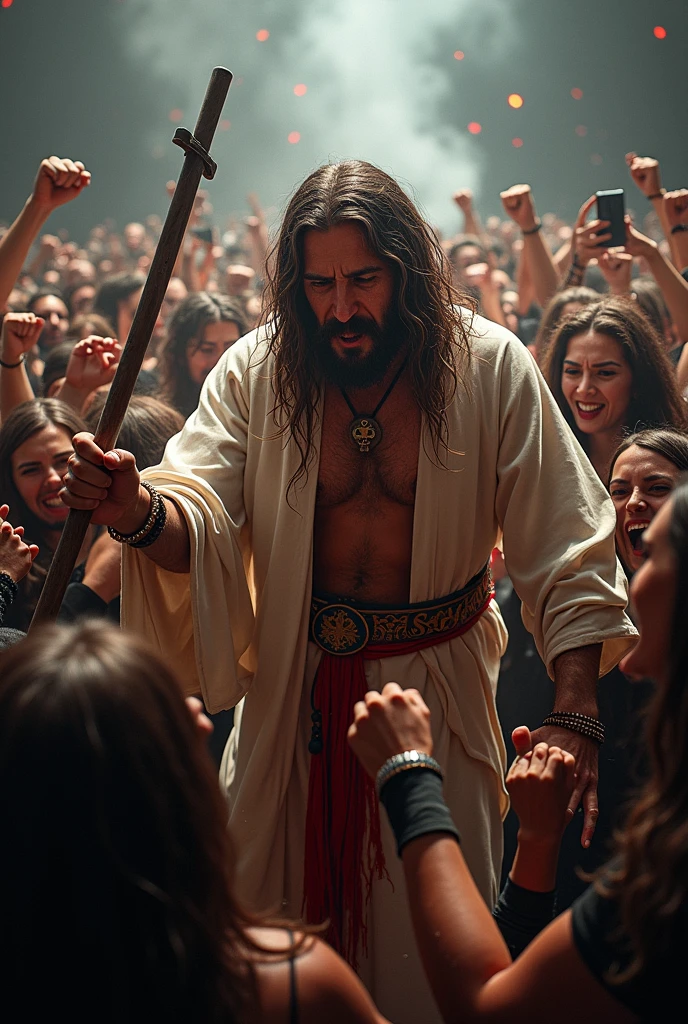 Jesus with the crown of thorns as a guitarist at a heavy metal concert , playing among people in a stone courtyard in a medieval village . Rainy weather. The fans are dancing and chanting. All around scantily clad women pole dancing