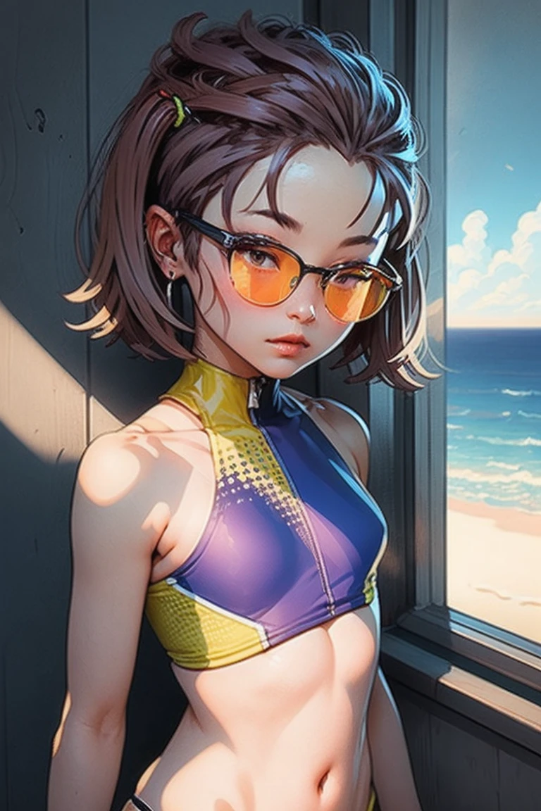 Mucha art style, masterpiece,  top quality ,  One girl ,  perfect eyes,  perfect face, Kuvshinov,  cowboy shot, flat art, flat color, window side with a view of the ocean , , casual clothes, Glasses, Glowering look,seasidesukebanbikini, tanlines, half-closed eyes