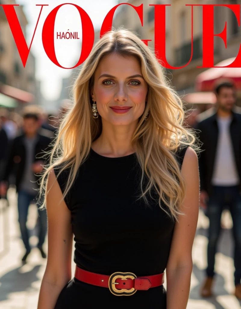 Magazine front cover " Vogue " written in middle Red decoration letters at the upon the screen   Front pose, standing pose,  right hand on hip, Front view, cowboy shot, Melanie Laurent,  long  hair, blonde hair, smile,  Chanel design earing, Black 1 peace Chanel design classic dress and Chanel leather red belt with gold buckle., background background street, in Jerusalem,  (super detail, high details, high quality, accurate, anatomically correct, textured skin, beautiful fingers super detail, high details, high quality, best quality)