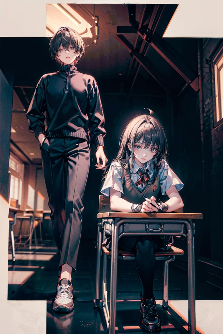  short dark brown hair, and dark-eyed, with an Evolar uniform of skirt and tie and long-sleeved shirt, talking to a woman with aqua green hair and aqua green eyes wearing a  and comes out wearing a tie and long-sleeved shirt, in a futuristic school setting