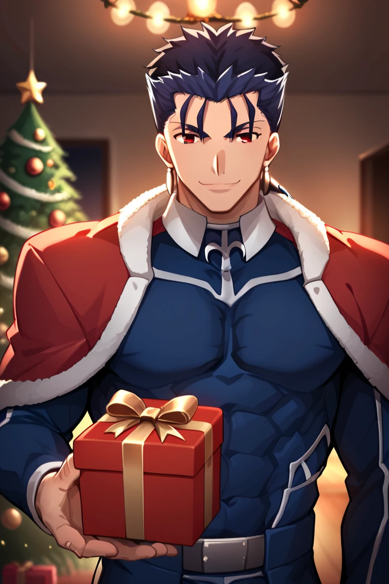 score_7_up,score_6_up,score_5_up,score_4_up,source_anime,lancer_fsn, blue-haired man, red eyes, with a ponytail at the nape of his neck, with a good, slightly muscular body fate/stay night, earrings and a red Santa Claus dress with a very cheerful flirtatious smile standing holding Christmas gifts.