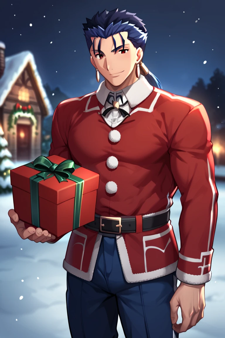 score_7_up,score_6_up,score_5_up,score_4_up,source_anime,lancer_fsn, blue-haired man, red eyes, with a ponytail at the nape of his neck, with a good, slightly muscular body fate/stay night, earrings and a red Santa Claus dress with a very cheerful flirtatious smile standing holding Christmas gifts.