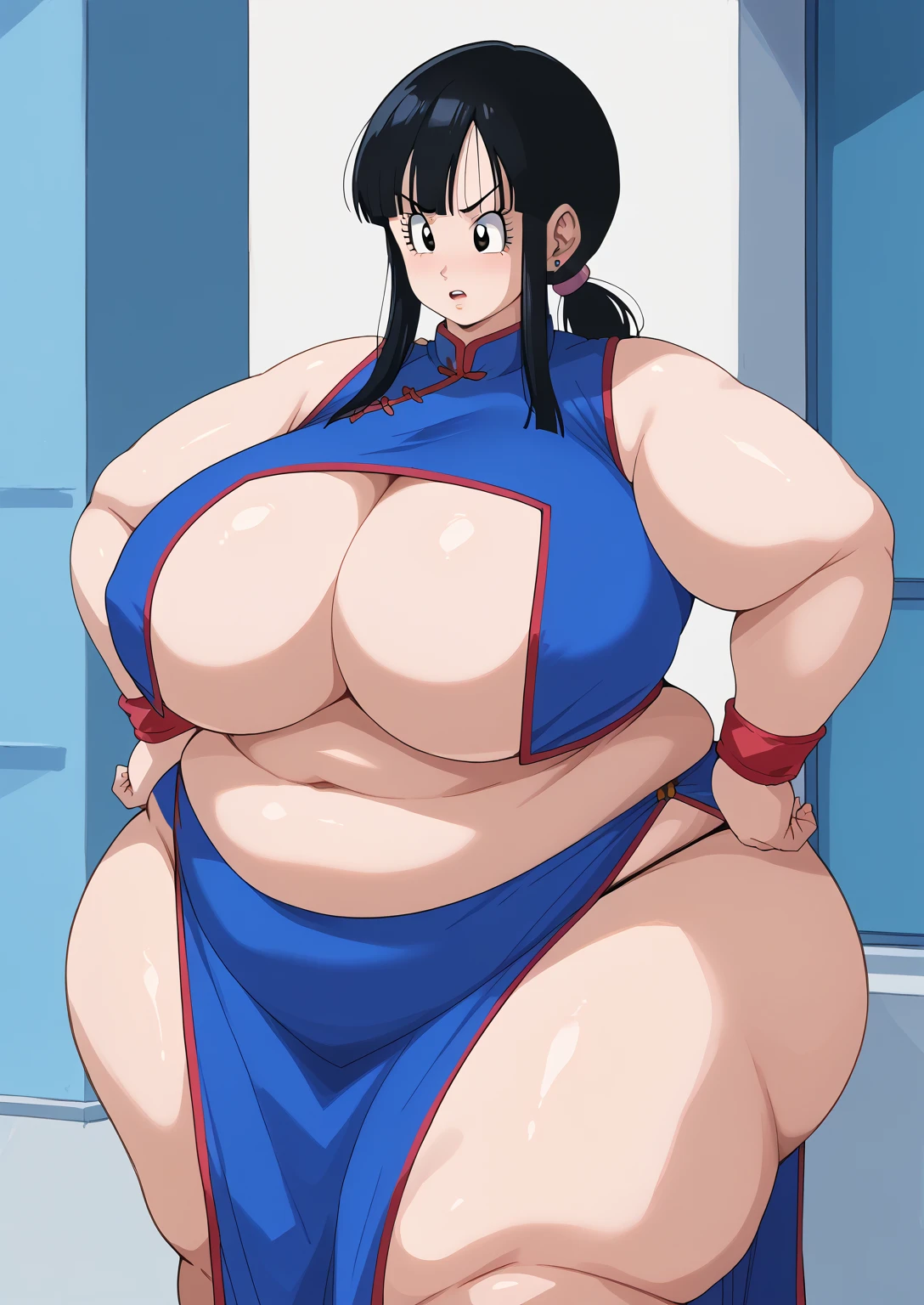 dragon ball　chichi, long hair, Black Hair, ((low ponytail)), side lock,  dark eyes, (( blue china dress)),(solid blue clothes ),　 sleeveless, red monpe ,   red wristband ,  side slits,  score_9,   score_8_ up,   score_7_ up,   score_6_ up,   score_5_ up,   score_4_ up,     masterpiece   ,   top quality,     So Aesthetic ,    absurd,    Source_Anime, Anime screencap,    one woman , Alone,   personal   ,  Super huge breasts, ((( super huge clevis , Super huge , Super huge boob))), Curvy,   chubby,  Mature Woman,   obese ,  troubled expression, ssbbw,  embarrassing expression, Outdoor