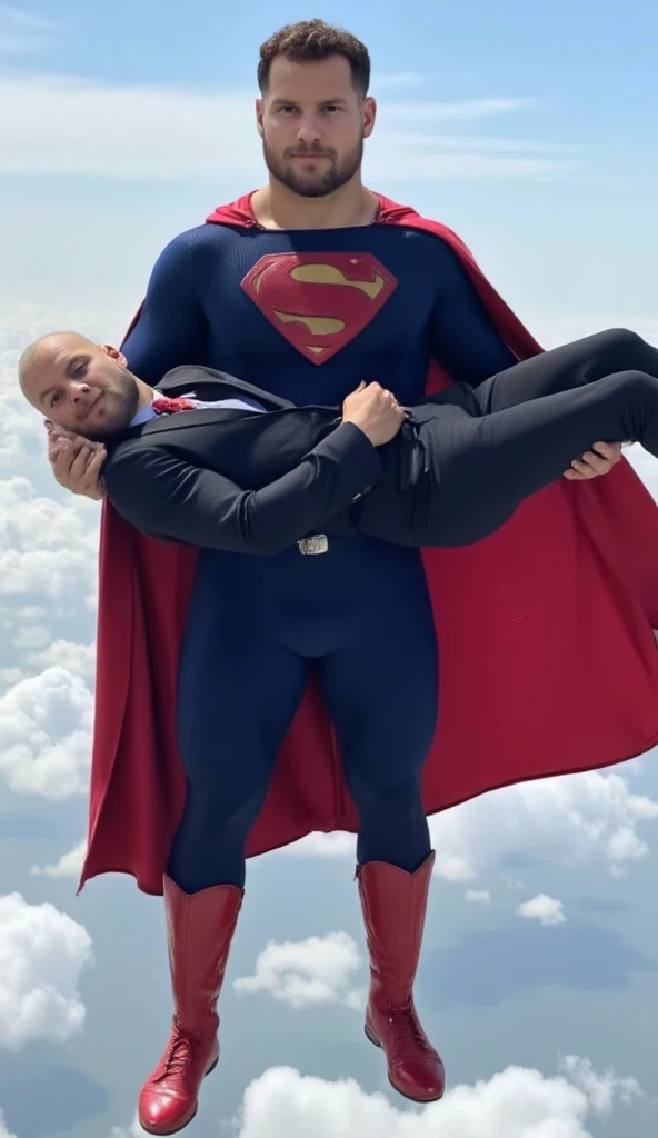 Superman is flying.Superman face.Holding Lex is bald man in your arms Superman and his Lex , bald, white man wearing an black suits. Superman Holding Lex Flying on the sky.a buff man in a superman costume (think movie version of Superman-black undercut, blue tights and red cape and red boots and red briefs) Looking at the camera from the front .Niock Bosa face
