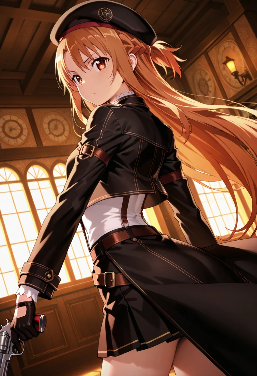 A highly detailed and high resolution image of "Yuuki Asuna" [from Sword Art Online]; A brown haired pretty young girl with long hair; cute, dressed in a goth steampunk outfit with a black coat, black low-cut cropped top, decolletage, a belt, black miniskirt, white suspenders, black gloves, black beret; she has a serious look on her face and she is holding a realistic six-shooter revolver with an accurate and realistic grip; she is standing in a steampunk factory with wheels, levers, cogs and steam; BREAK: quality\(8k,wallpaper of extremely detailed CG unit, high resolution, top-quality, top-quality real texture skin, hyper realistic, increase the resolution, RAW photos, best quality, highly detailed, the wallpaper, golden ratio, high saturation realism, vibrant colors, dramatic lighting, persuasive storytelling, atmospheric scenery, captivating visuals, intricate details, strong emotions, dreamlike world\),(dynamic angle:1.4); side view, she is looking over her shoulder.