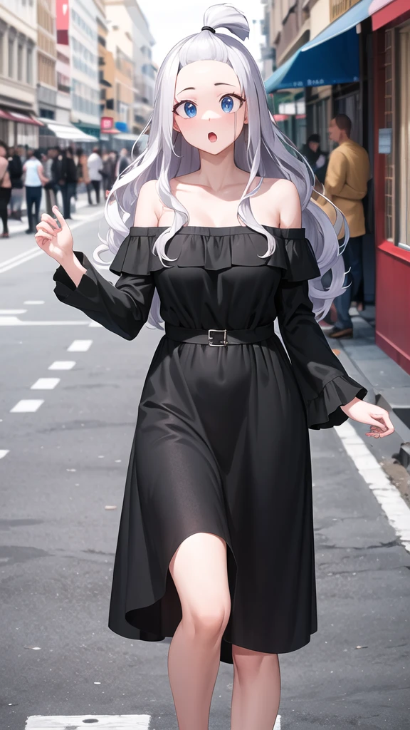 masterpiece, best quality, highres, aamira, long hair, bangs pinned back, topknot, forehead, black dress, off shoulder, outdoors, street, :o