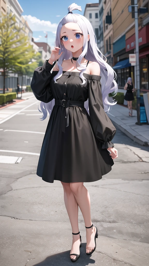 masterpiece, best quality, highres, aamira, long hair, bangs pinned back, topknot, forehead, black dress, off shoulder, outdoors, street, :o