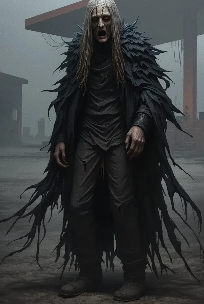 waist up, very old, half of the face deformed and melted, scary, dirty, beggar, monster, short gray hair, pale and wrinkled skin, sparse beard, yellowish pupils, hunched posture, penetrating and evil gaze, torn clothes, cloak with raven feathers on the back, body covered with bands and hood, fog, dark gas station, horror, fear, scary, suspense, mysterious