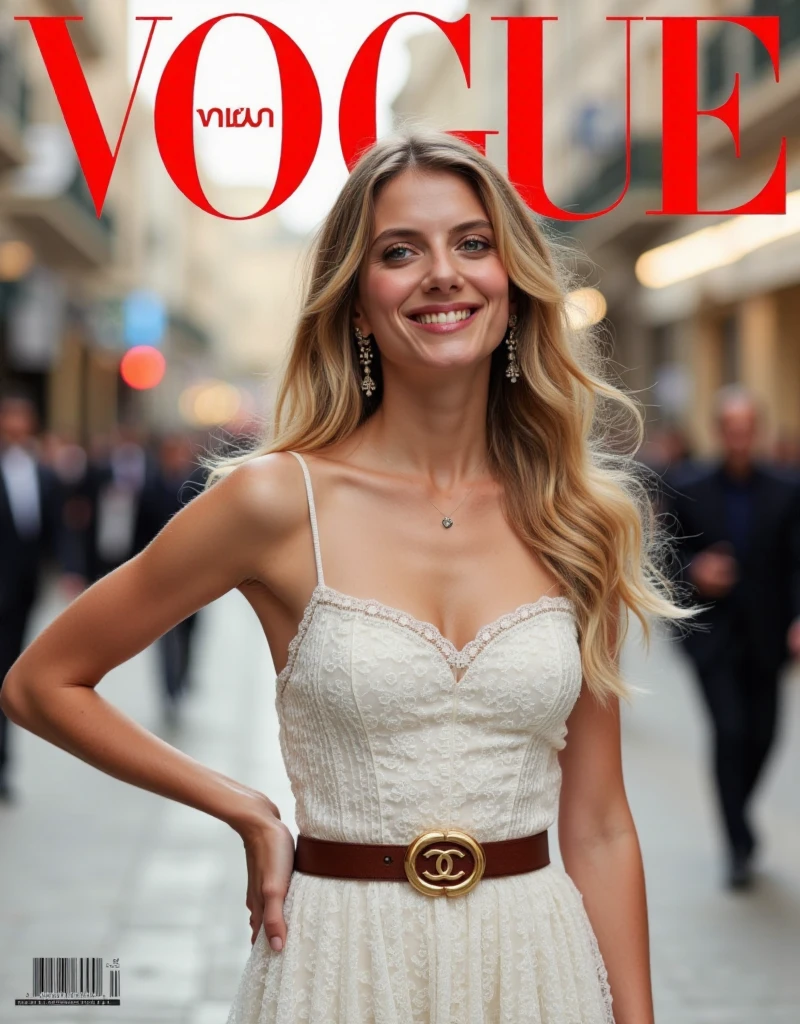 Magazine front cover " Vogue " written in middle Red decoration letters at the upon the screen   Front pose, standing pose,  right hand on hip, Front view, cowboy shot, Melanie Laurent,  long  hair, blonde hair, smile,  Chanel design earing, White 1 peace Chanel design classic dress and Chanel leather red belt with gold buckle., background background street, in Jerusalem,  (super detail, high details, high quality, accurate, anatomically correct, textured skin, beautiful fingers super detail, high details, high quality, best quality)