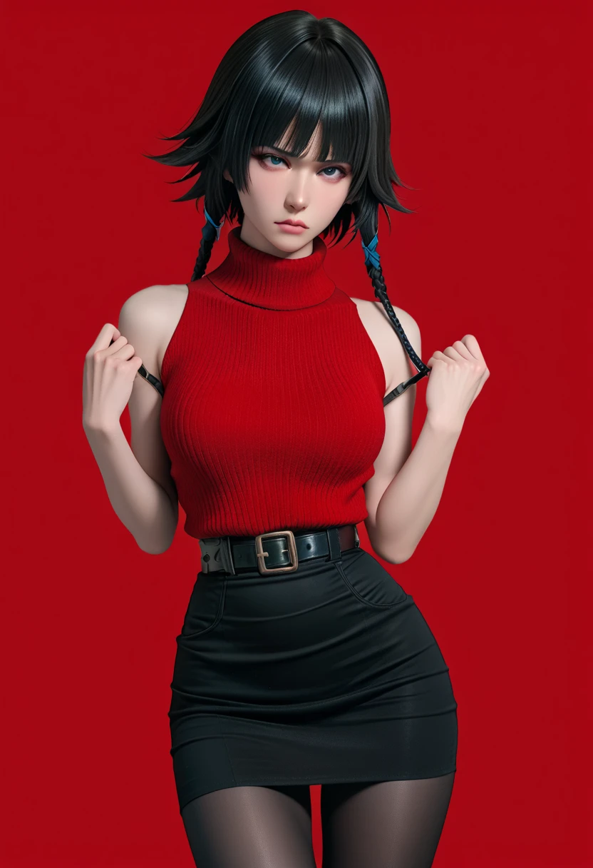 belt,black pantyhose,high-waist skirt,sleeveless sweater,red sweater,sui-feng,black hair,short hair,squeezing breasts,cleavge covered,folded sweater