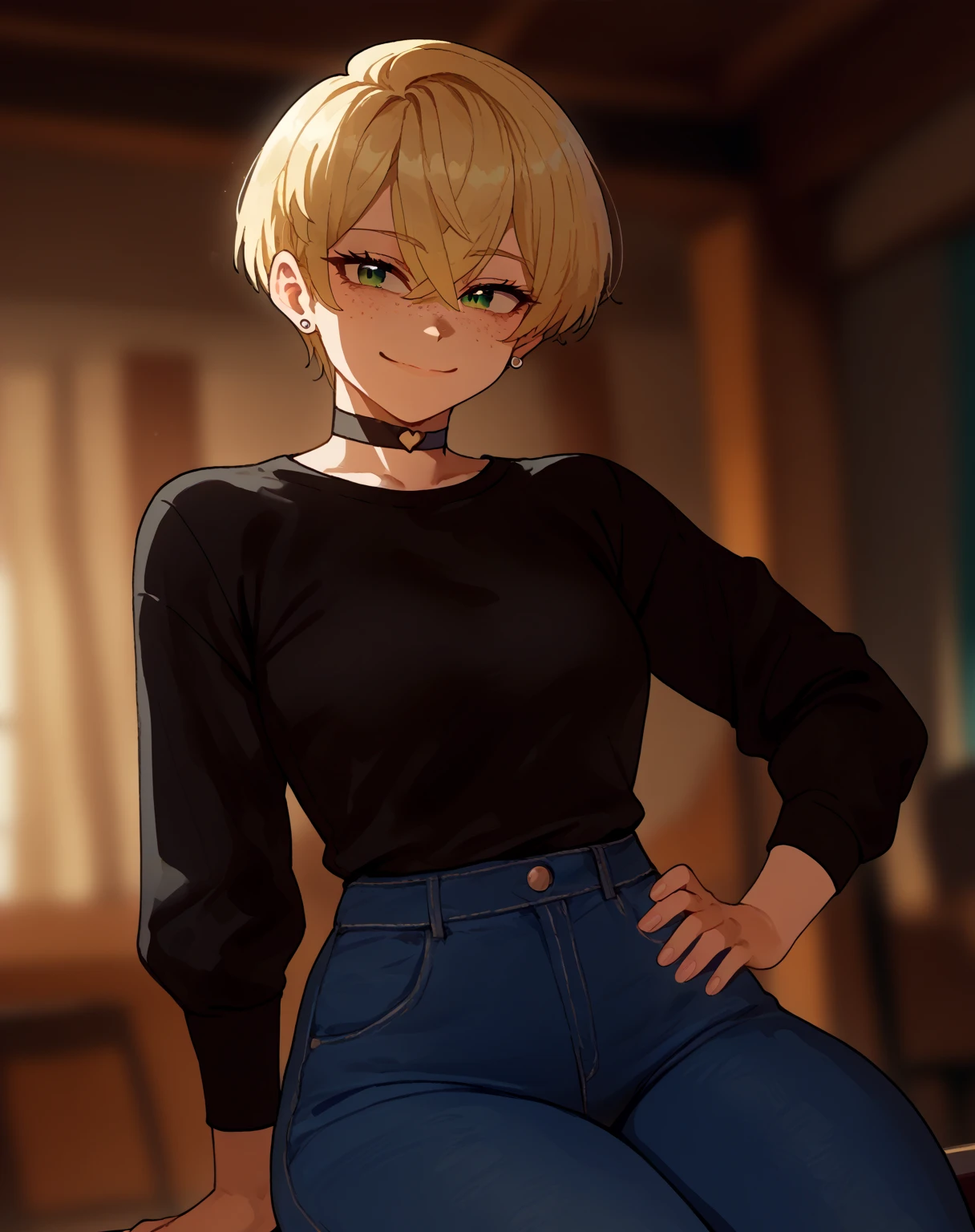 score_9, score_8_up, score_7_up, score_6_up, score_5_up, score_4_up, source_anime, rating_safe, nyantcha style, three quarter view, 1girl, teenager, green eyes, blonde hair, crossed bangs, short hair, pixie cut, freckles, big breasts, thick thighs, eyelashes, aegyo sal, hand on hip, stud earrings, black shirt, long sleeves, choker, denim pants, looking at viewer, light smile, indoors, blurry background, warm lighting, sitting, upper body, dutch angle
