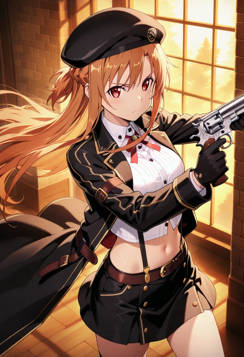 A highly detailed and high resolution image of "Yuuki Asuna" [from Sword Art Online]; A brown haired pretty young girl with long hair; cute, dressed in a goth steampunk outfit with a black coat, black low-cut cropped top, decolletage, a belt, black miniskirt, white suspenders, black gloves, black beret; she has a serious look on her face and she is holding a realistic six-shooter revolver with an accurate and realistic grip; she is standing in a steampunk factory with wheels, levers, cogs and steam; BREAK: quality\(8k,wallpaper of extremely detailed CG unit, high resolution, top-quality, top-quality real texture skin, hyper realistic, increase the resolution, RAW photos, best quality, highly detailed, the wallpaper, golden ratio, high saturation realism, vibrant colors, dramatic lighting, persuasive storytelling, atmospheric scenery, captivating visuals, intricate details, strong emotions, dreamlike world\),(dynamic angle:1.4); front view, she is leaning forward to aim her revolver.