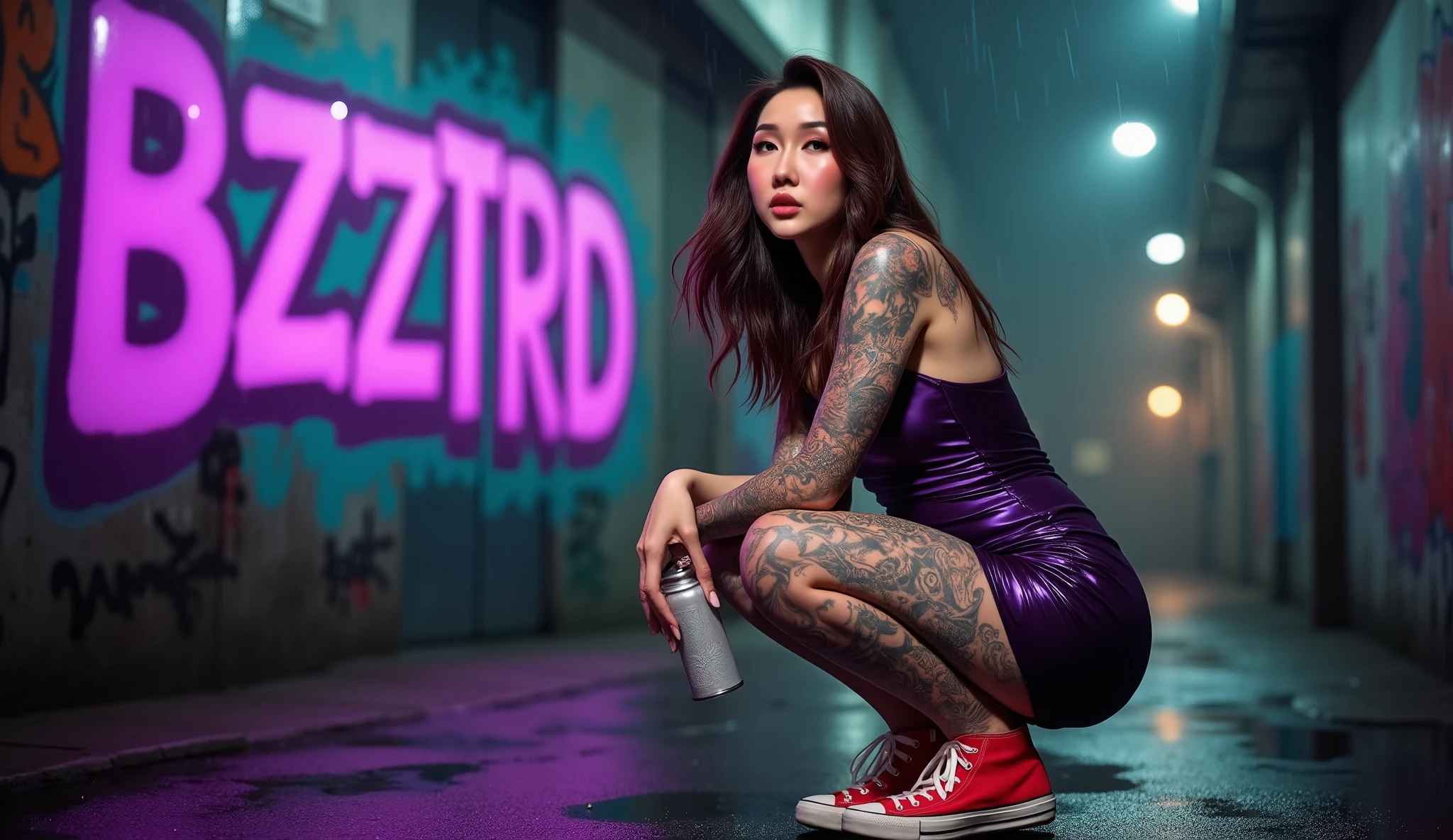 photo of a beautiful Indonesian young woman features full tattooed her body, squatting holding a spray paint on the rundown urban street alley city night heavy rain atmosphere. she wearing a glossy chrome mirrored holographic dark purple bodycon dress. wearing a red converse sneakers. dark brown straight long hair style. detailed full body tattoos. art graffiti bright purple-green paint bold word "BZZTRD" on the wall, backlit, bokeh