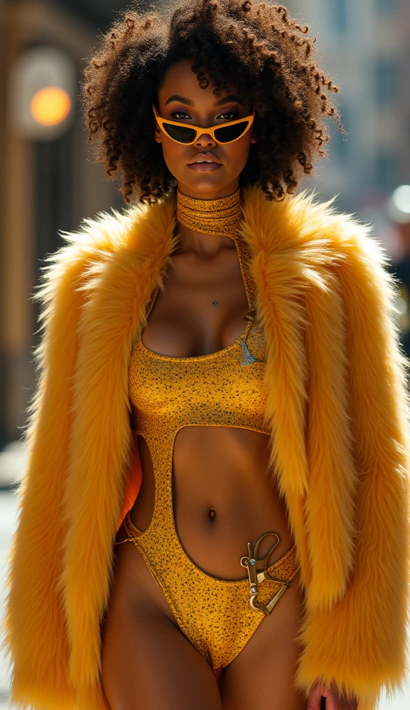 A woman in a gold dvr-dulcesa-one-piece, Fashion photography of a (supermodel:1.3) , in fashion outfit with Fur and Knit print, 3D glasses, Bokeh, Afropunk, Fuji superi400, L USM, "Through the lens of wonder, the world becomes a kaleidoscope of marvels, where curiosity knows no bounds.", quirky, photorealism, female, dynamic dramatic beautiful full taking, luxurious sharp focus, highly detail, magic atmosphere